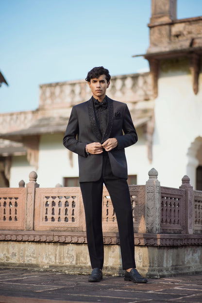 Essential Black Tuxedo with Hand-Embroidered Collar, Paired with Black Shirt and Trousers