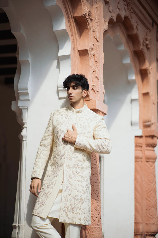 Golden Matka Silk Sherwani Adorned with Exquisite Zari and Zardozi Handwork