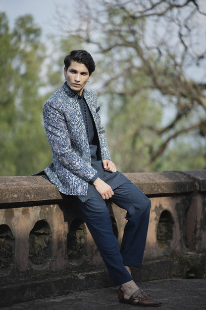 Indigo Blue Linen Silk Short Jacket Set with Machine Work Kurta and Pants
