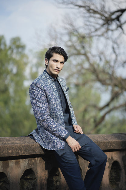 Indigo Blue Linen Silk Short Jacket Set with Machine Work Kurta and Pants