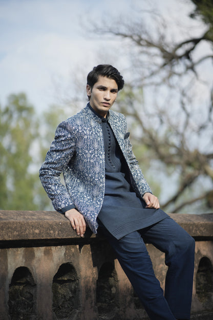 Indigo Blue Linen Silk Short Jacket Set with Machine Work Kurta and Pants