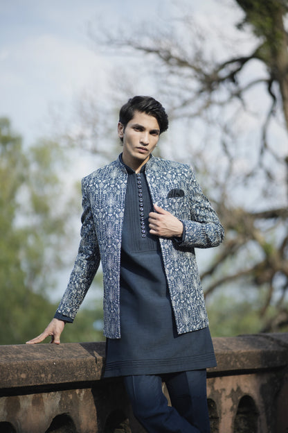 Indigo Blue Linen Silk Short Jacket Set with Machine Work Kurta and Pants