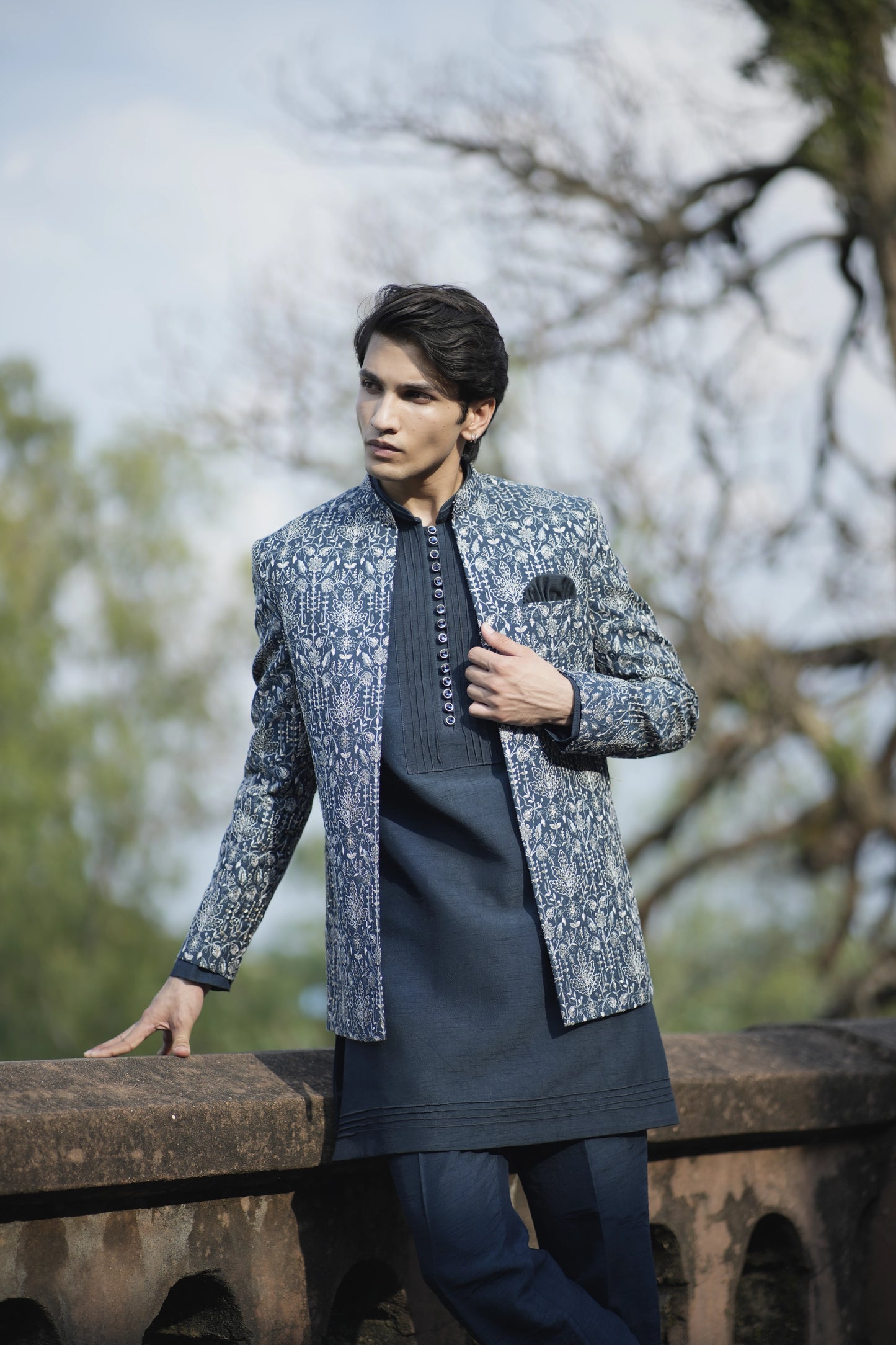 Indigo Blue Linen Silk Short Jacket Set with Machine Work Kurta and Pants