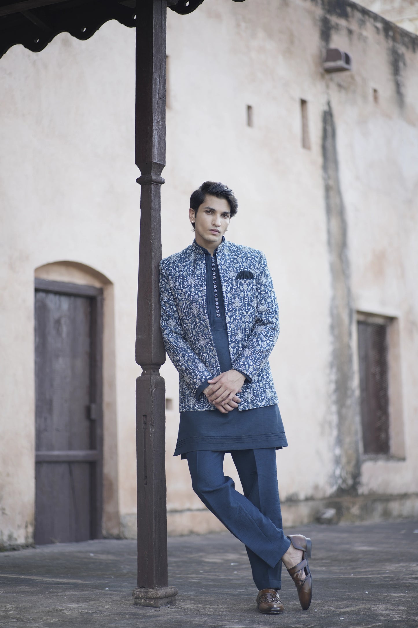 Indigo Blue Linen Silk Short Jacket Set with Machine Work Kurta and Pants