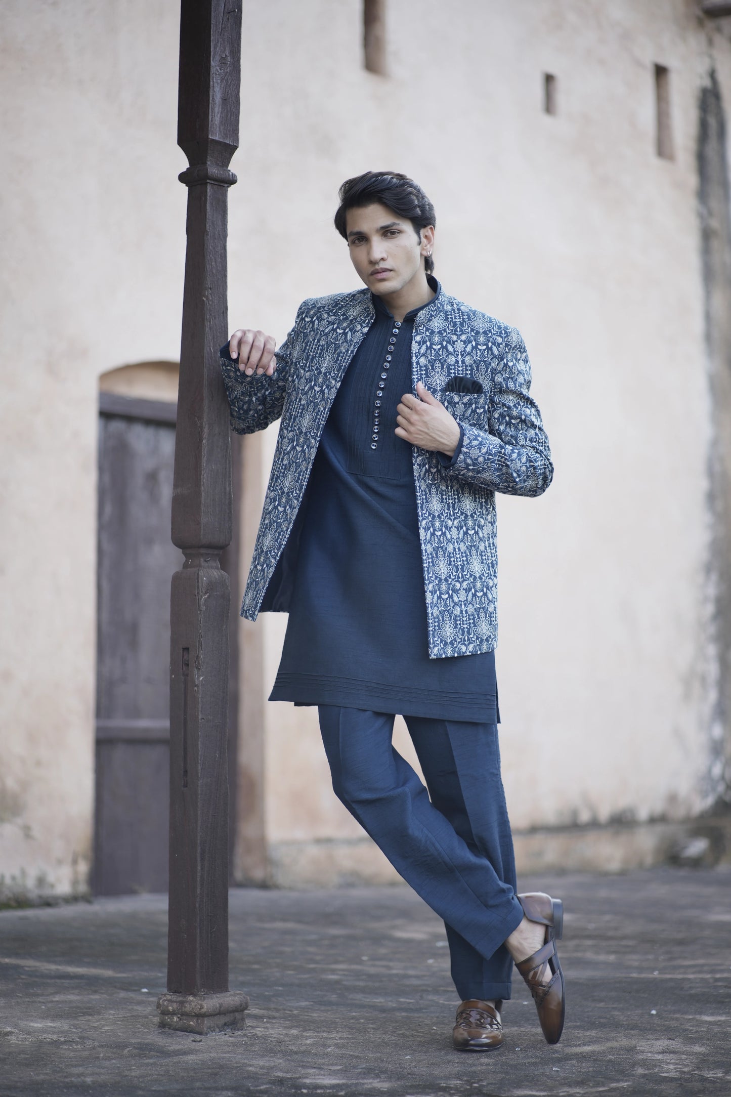 Indigo Blue Linen Silk Short Jacket Set with Machine Work Kurta and Pants