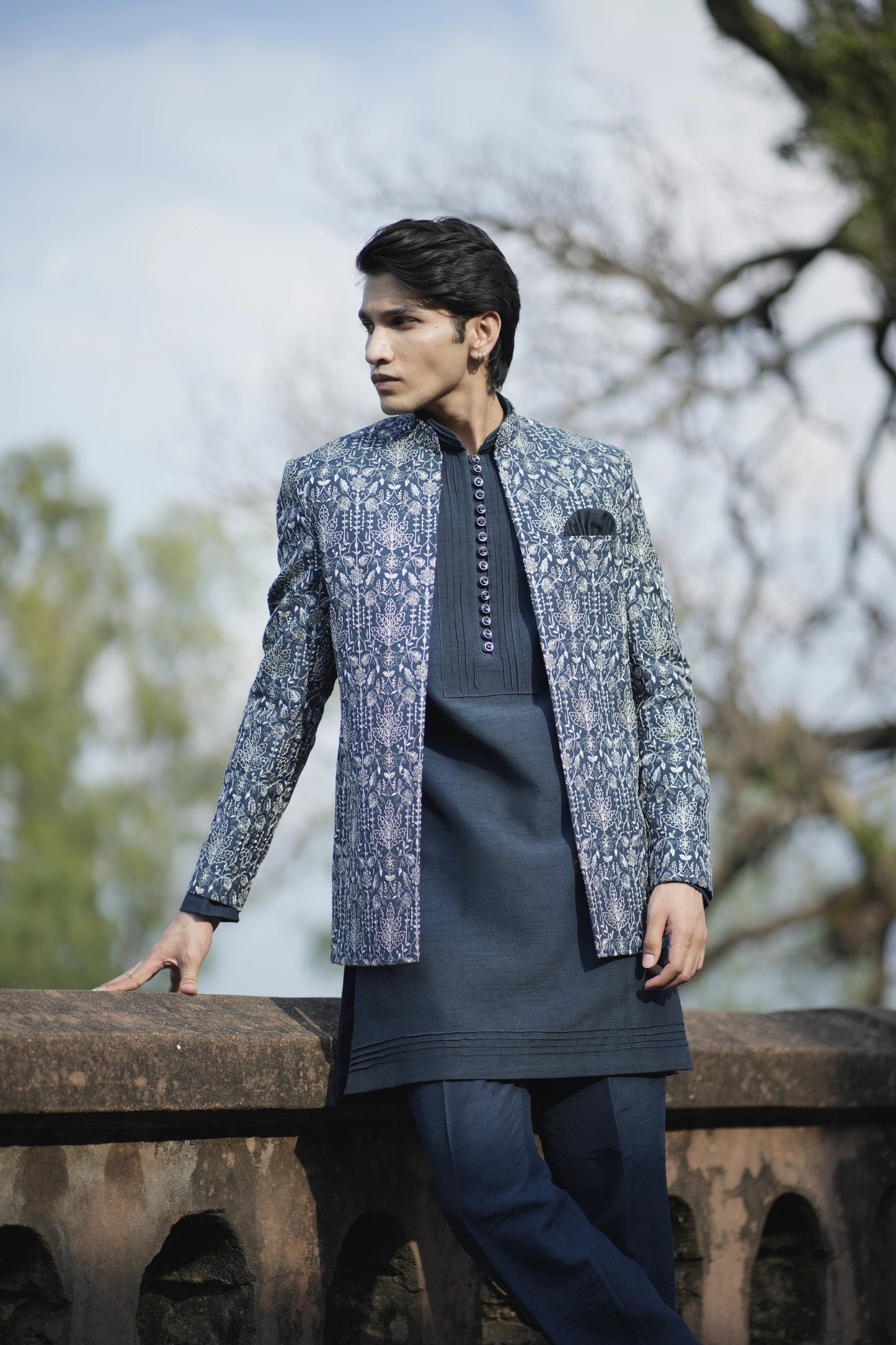 Indigo Blue Linen Silk Short Jacket Set with Machine Work Kurta and Pants