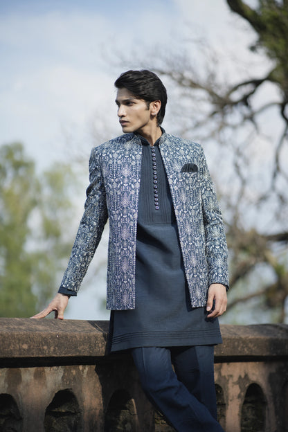 Indigo Blue Linen Silk Short Jacket Set with Machine Work Kurta and Pants
