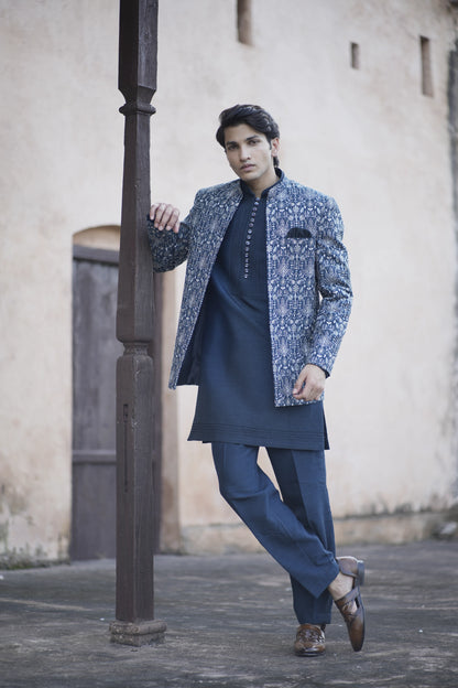 Indigo Blue Linen Silk Short Jacket Set with Machine Work Kurta and Pants