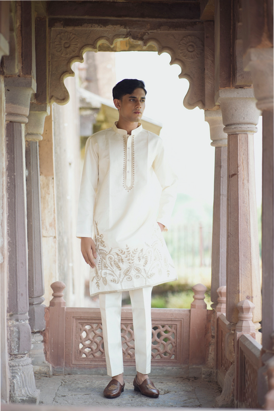 Ivory Floral Zardozi Embroidered Silk Kurta Paired with Matching Pajama
