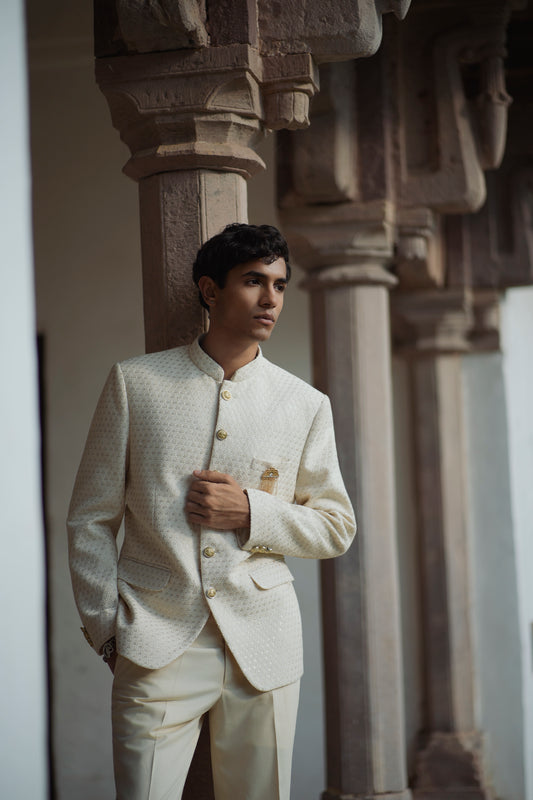 Designer Ivory Sequin Jodhpuri with Matching Trouser Set