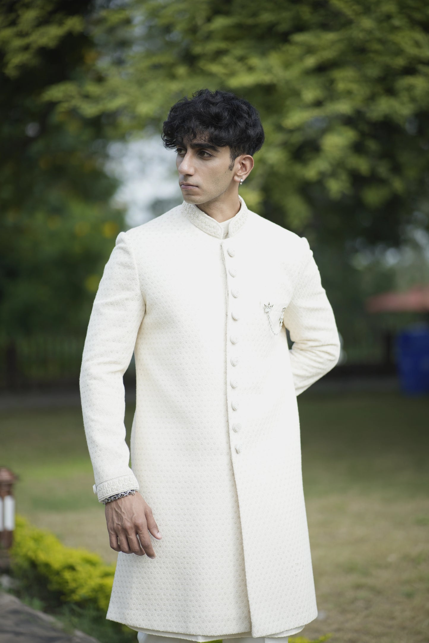 Ivory Embellished Sequins Sherwani Set paired with Kurta and Pajama