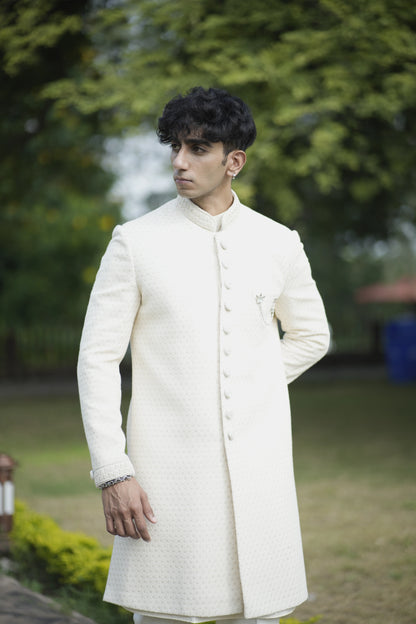 Ivory Embellished Sequins Sherwani Set paired with Kurta and Pajama