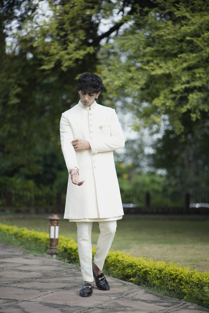 Ivory Embellished Sequins Sherwani Set paired with Kurta and Pajama