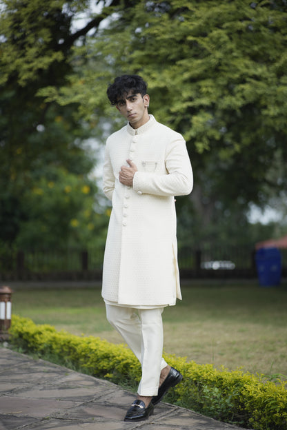 Ivory Embellished Sequins Sherwani Set paired with Kurta and Pajama