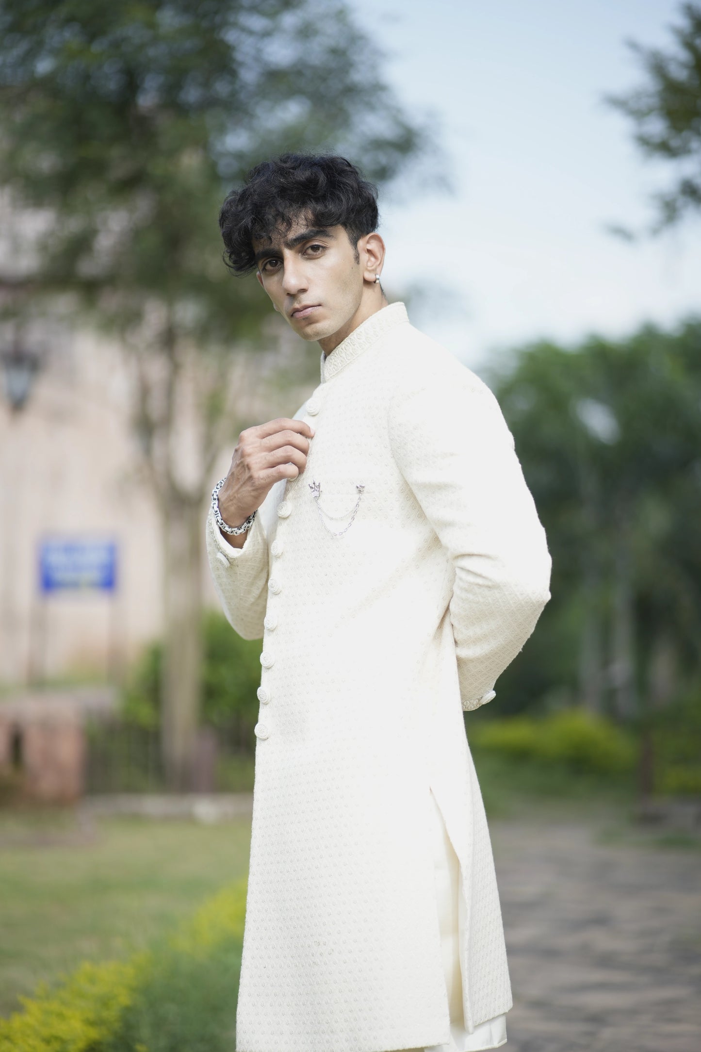 Ivory Embellished Sequins Sherwani Set paired with Kurta and Pajama