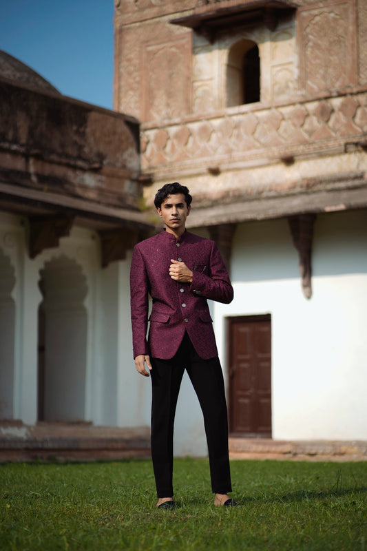 Classic Maroon Jacquard Jodhpuri Paired with Sleek Korean Black Trousers