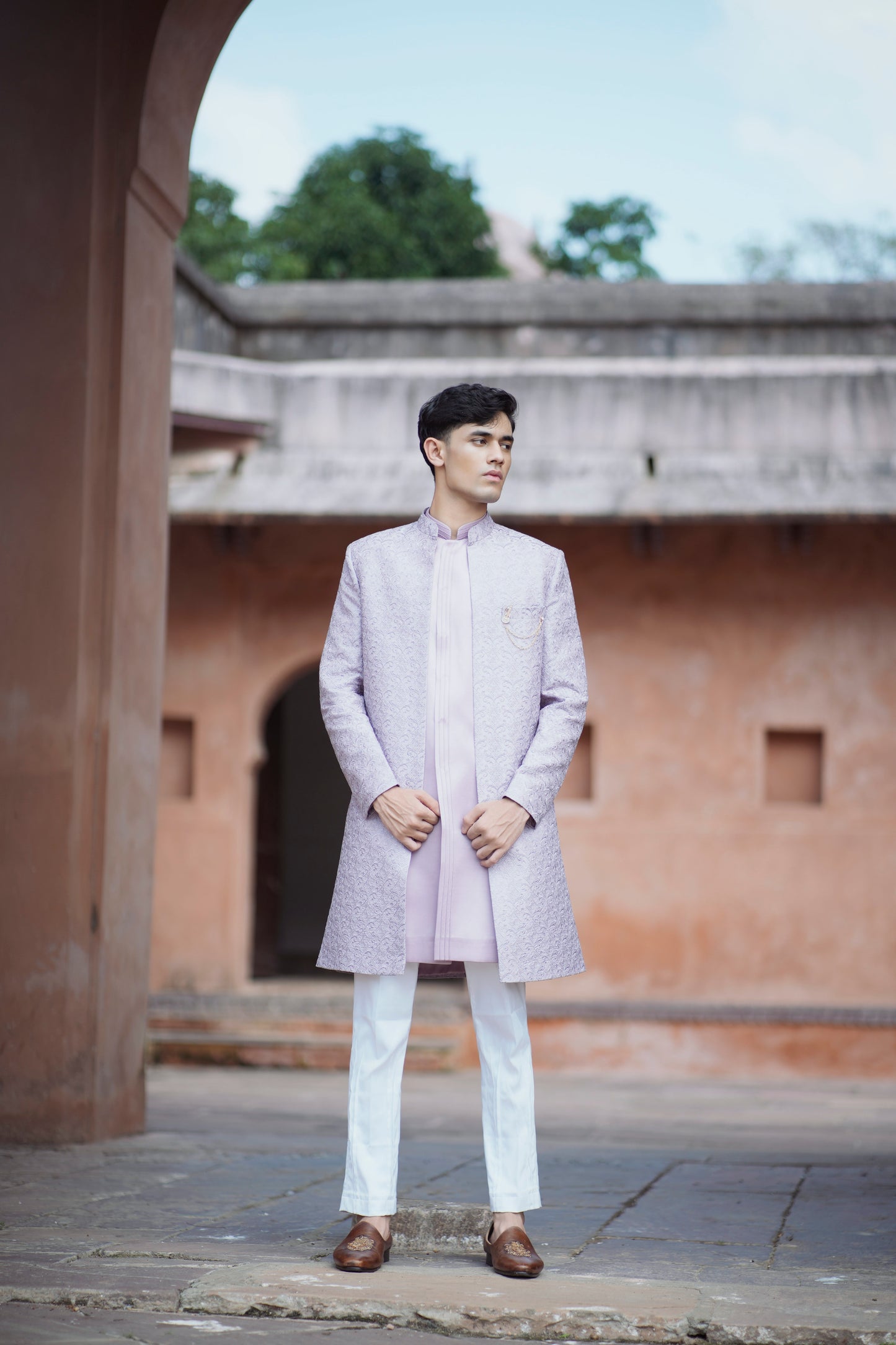 Lavender Jacquard Open Indo-Western with Pintex Long Jacket and White Pants