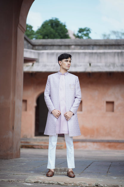 Lavender Jacquard Open Indo-Western with Pintex Long Jacket and White Pants