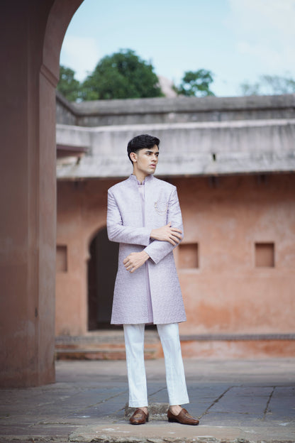 Lavender Jacquard Open Indo-Western with Pintex Long Jacket and White Pants