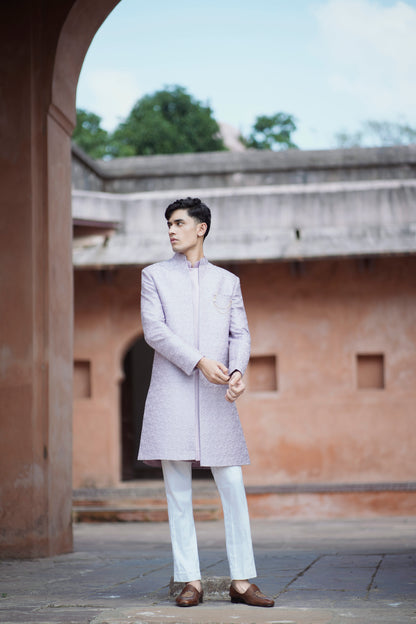 Lavender Jacquard Open Indo-Western with Pintex Long Jacket and White Pants