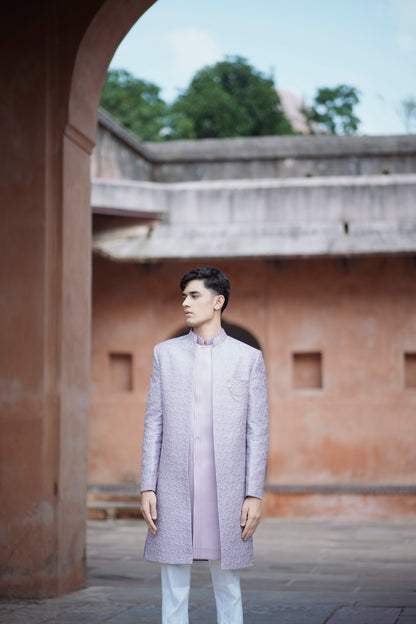 Lavender Jacquard Open Indo-Western with Pintex Long Jacket and White Pants