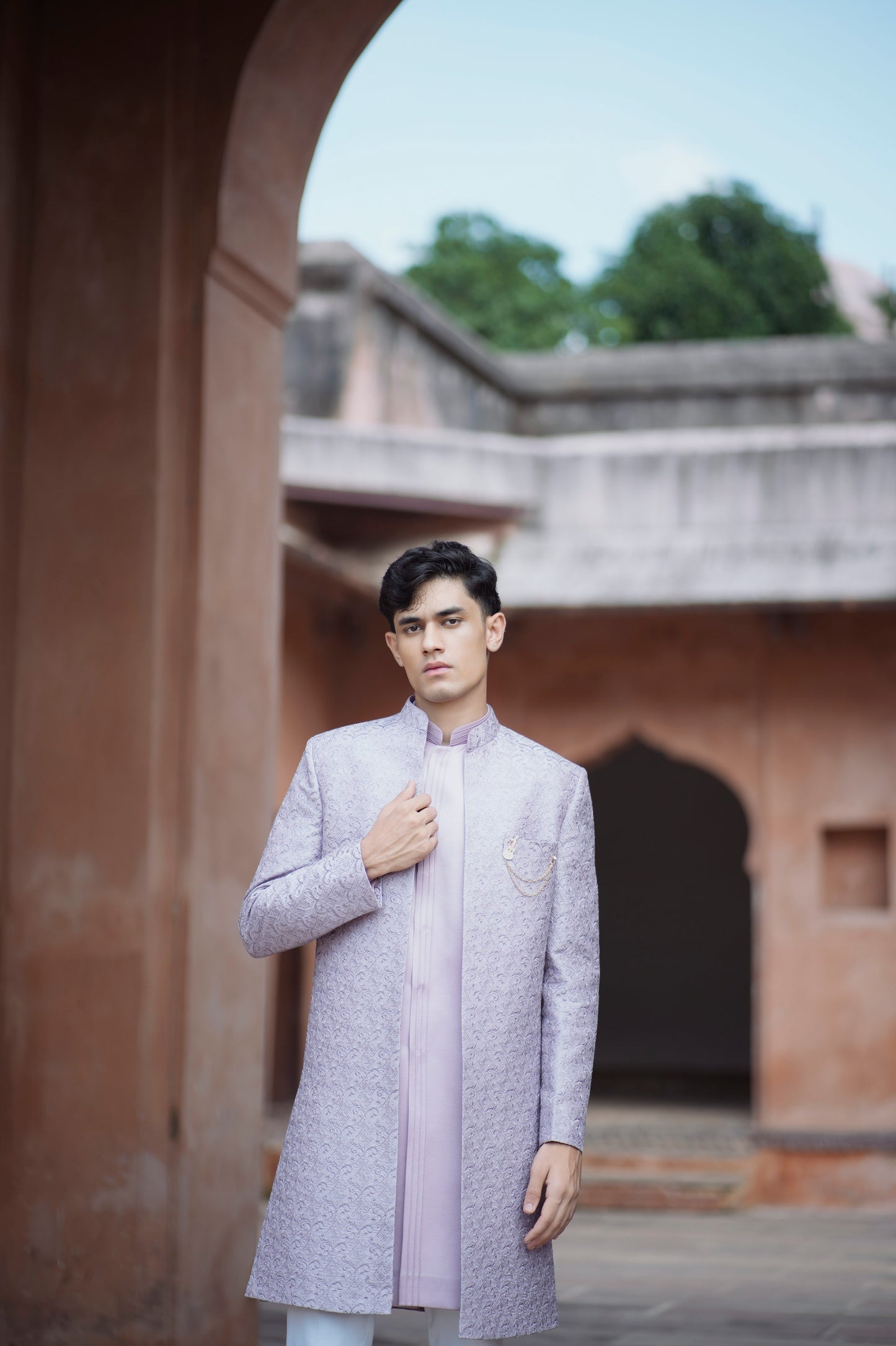 Lavender Jacquard Open Indo-Western with Pintex Long Jacket and White Pants
