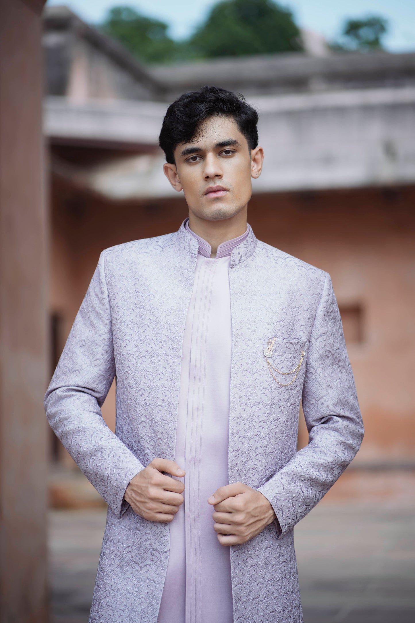 Lavender Jacquard Open Indo-Western with Pintex Long Jacket and White Pants