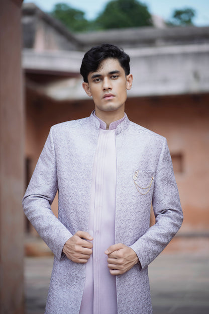 Lavender Jacquard Open Indo-Western with Pintex Long Jacket and White Pants