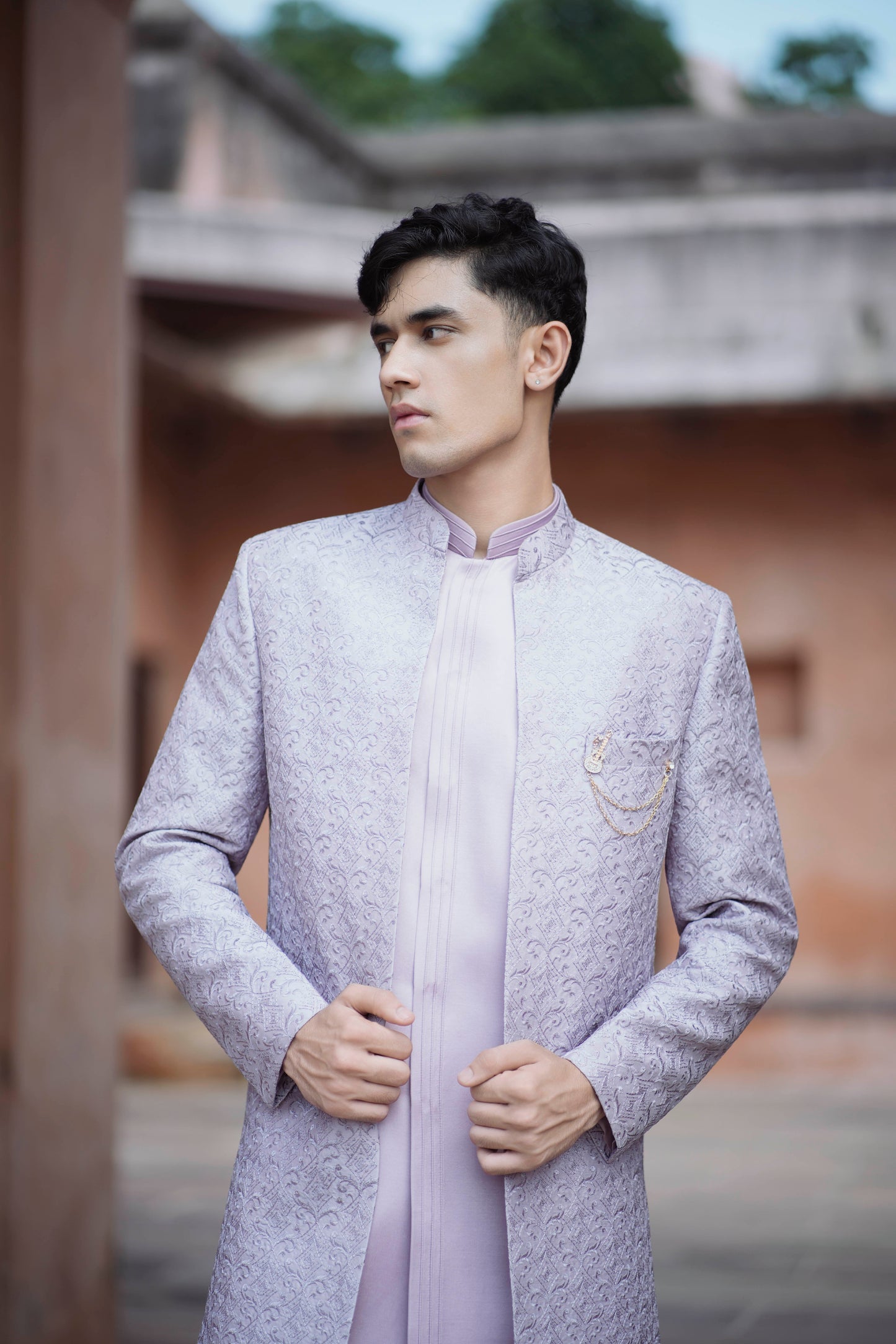 Lavender Jacquard Open Indo-Western with Pintex Long Jacket and White Pants