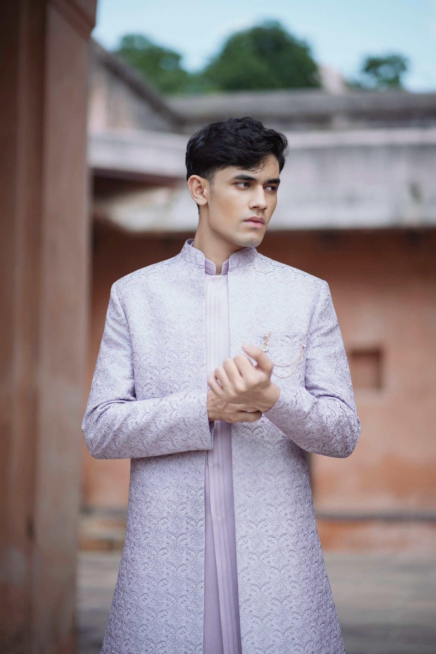 Lavender Jacquard Open Indo-Western with Pintex Long Jacket and White Pants
