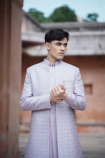 Lavender Jacquard Open Indo-Western with Pintex Long Jacket and White Pants