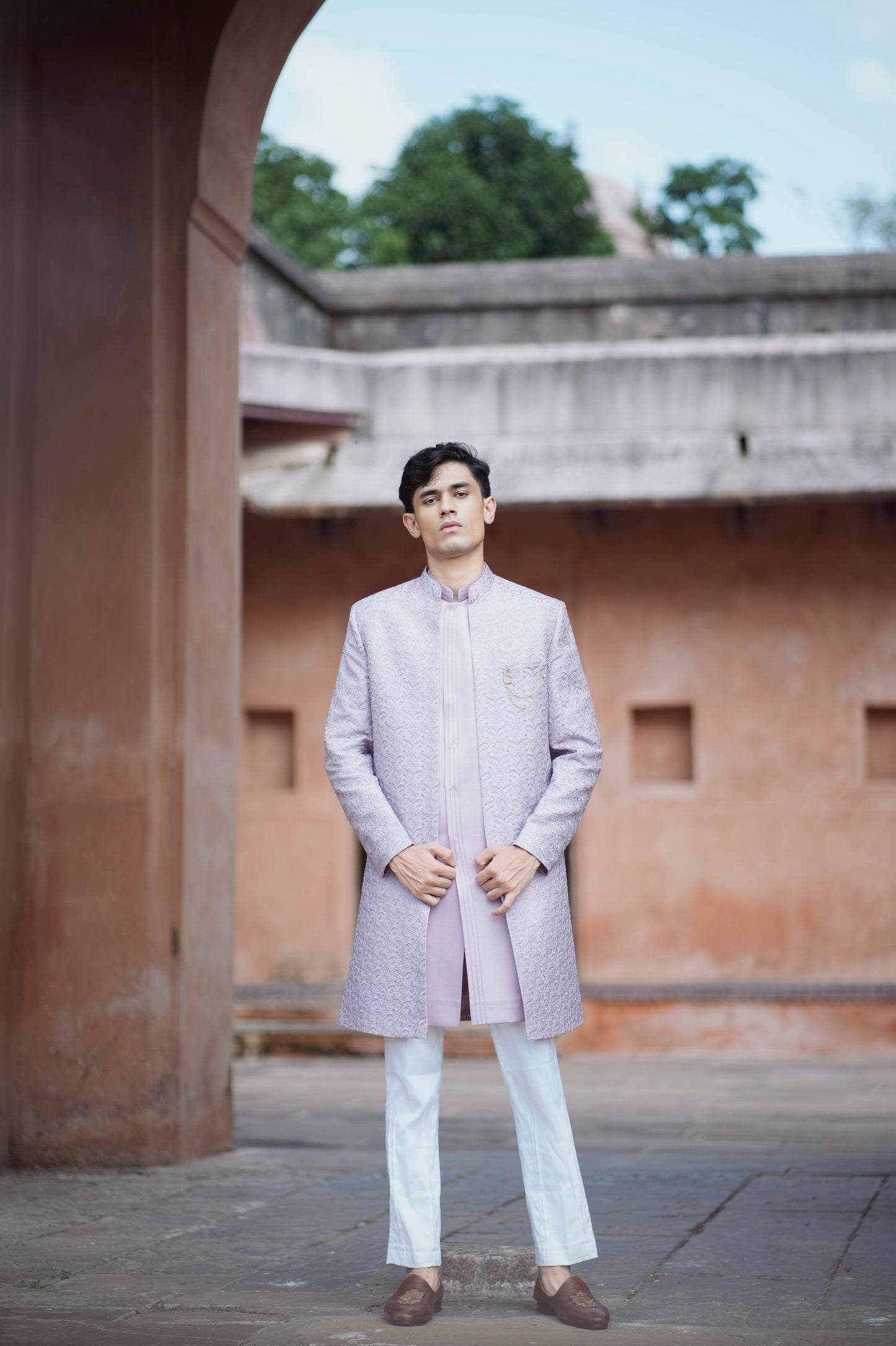 Lavender Jacquard Open Indo-Western with Pintex Long Jacket and White Pants