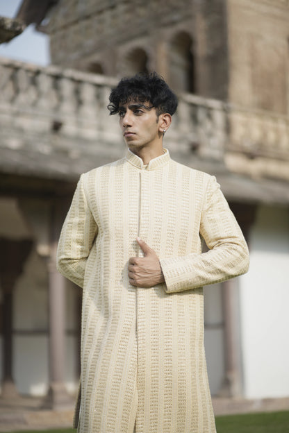 Designer Light Beige Sherwani with Sequin and Imperial Embroidery, Paired with Kurta-Pants