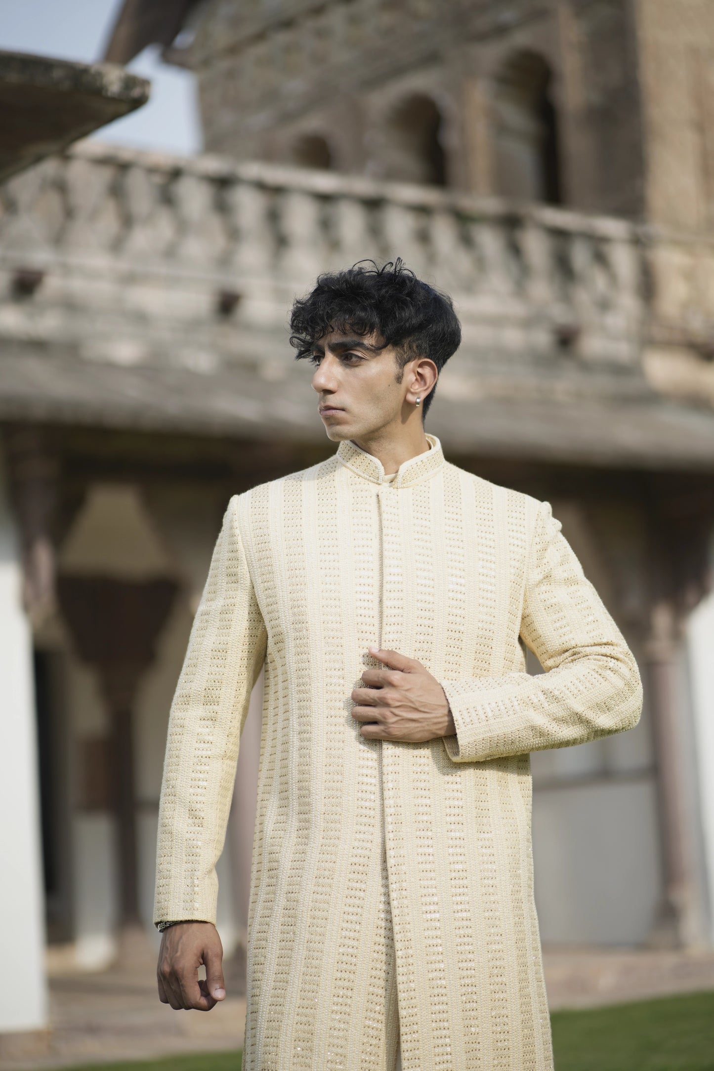 Designer Light Beige Sherwani with Sequin and Imperial Embroidery, Paired with Kurta-Pants