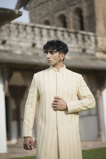 Designer Light Beige Sherwani with Sequin and Imperial Embroidery, Paired with Kurta-Pants