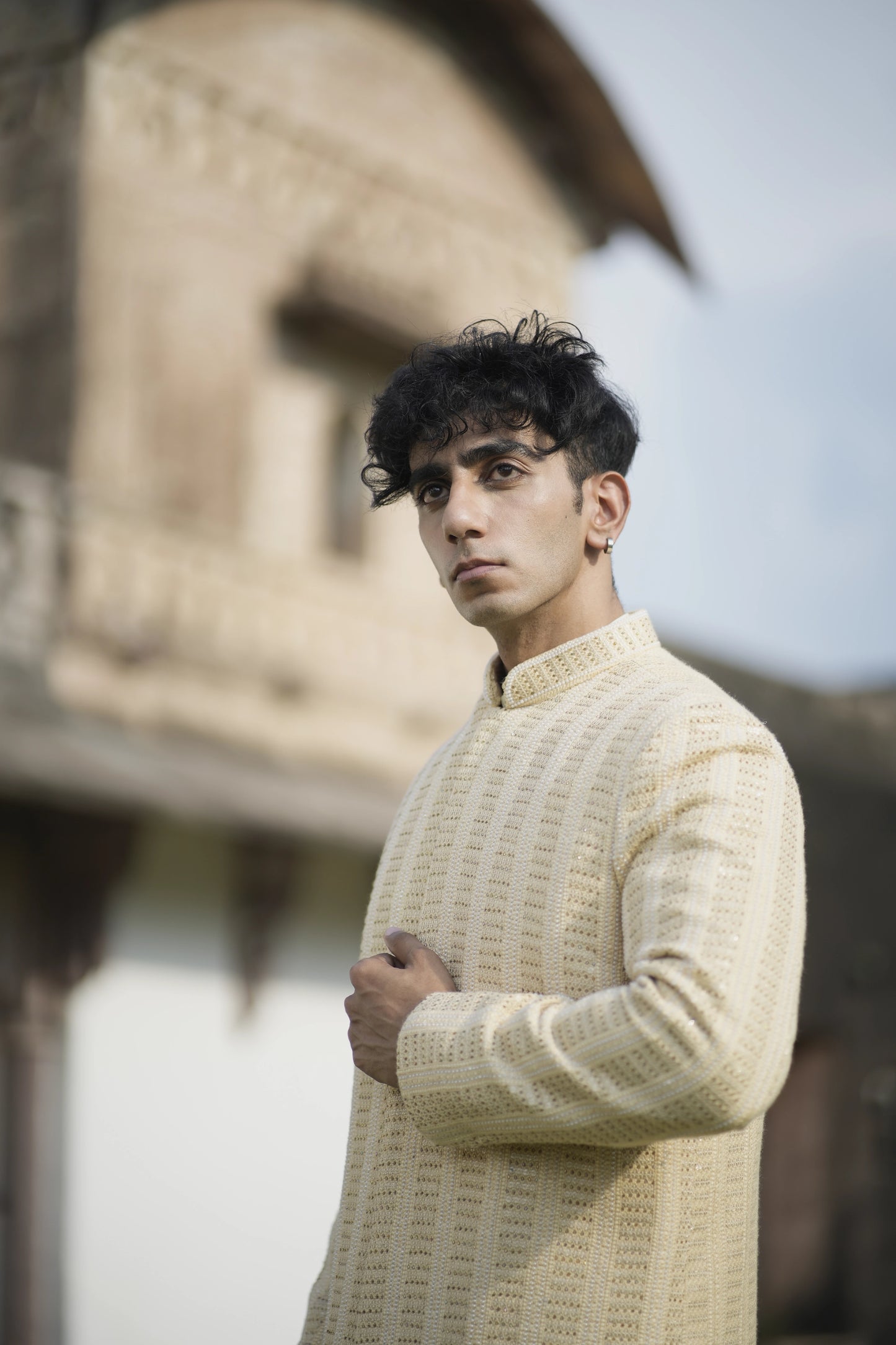 Designer Light Beige Sherwani with Sequin and Imperial Embroidery, Paired with Kurta-Pants