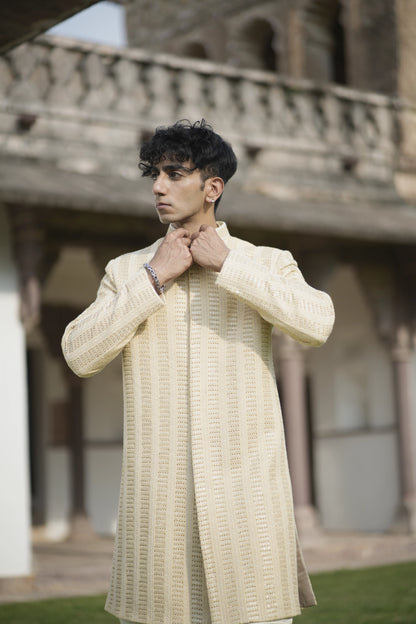 Designer Light Beige Sherwani with Sequin and Imperial Embroidery, Paired with Kurta-Pants