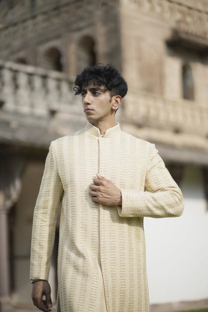 Designer Light Beige Sherwani with Sequin and Imperial Embroidery, Paired with Kurta-Pants
