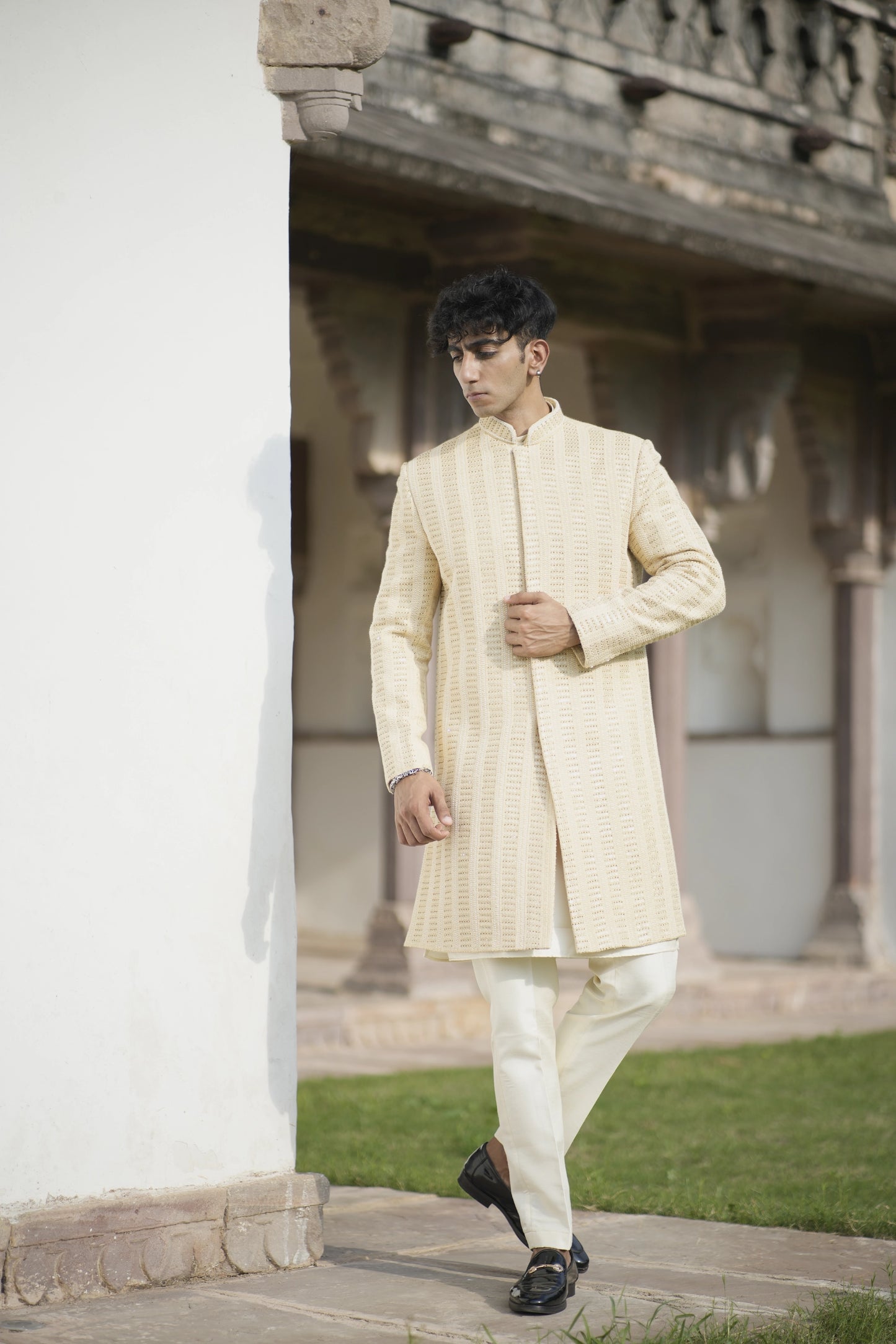 Designer Light Beige Sherwani with Sequin and Imperial Embroidery, Paired with Kurta-Pants