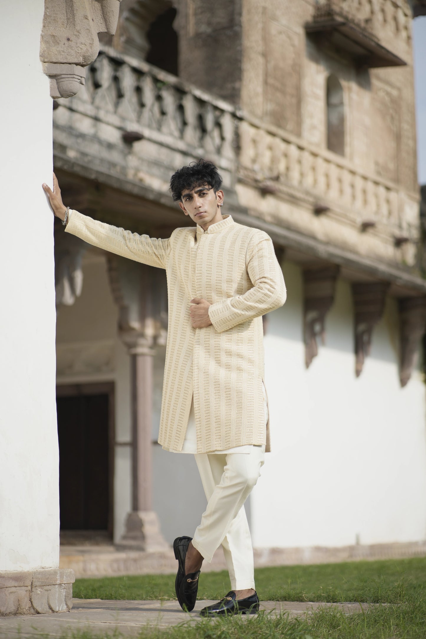 Designer Light Beige Sherwani with Sequin and Imperial Embroidery, Paired with Kurta-Pants