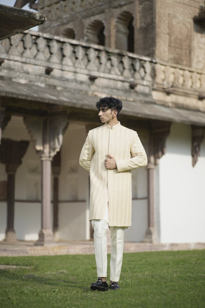 Designer Light Beige Sherwani with Sequin and Imperial Embroidery, Paired with Kurta-Pants