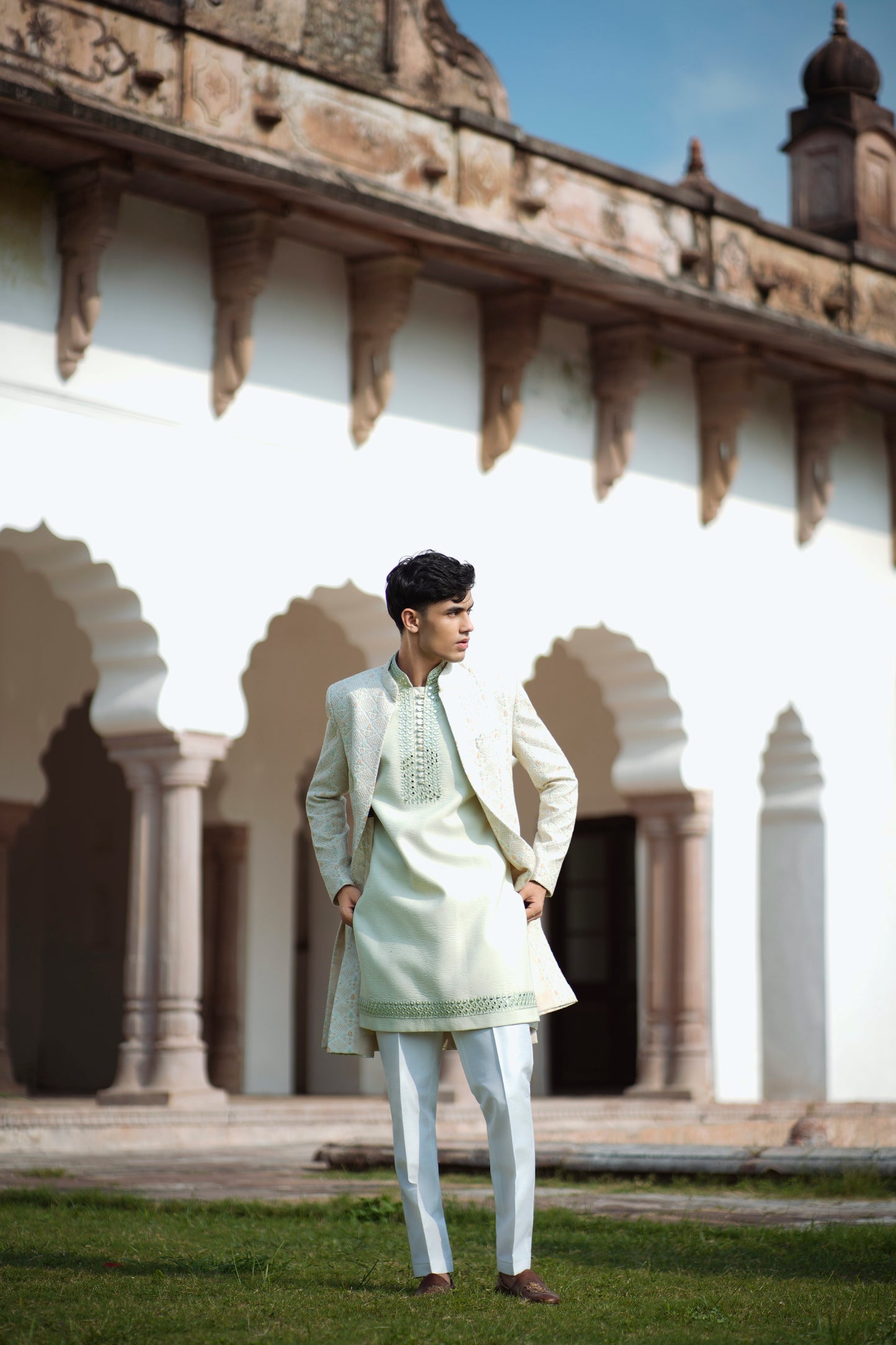 Light Green Jacquard Open Indo-Western with Sequin and Mirror Work, Paired with White-Green Pants