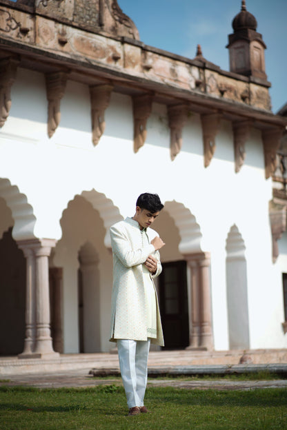 Light Green Jacquard Open Indo-Western with Sequin and Mirror Work, Paired with White-Green Pants