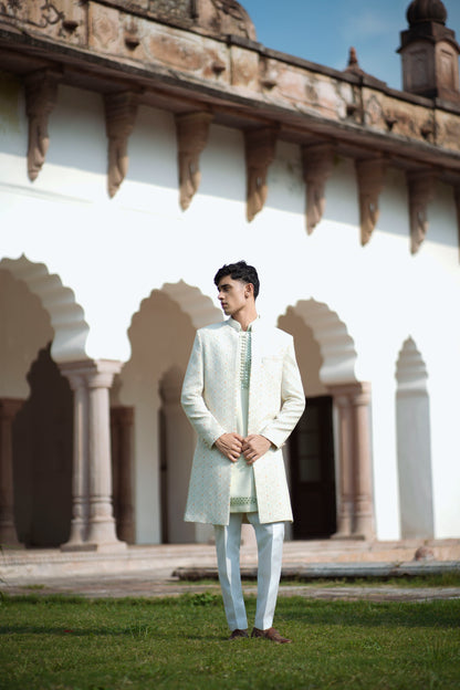Light Green Jacquard Open Indo-Western with Sequin and Mirror Work, Paired with White-Green Pants