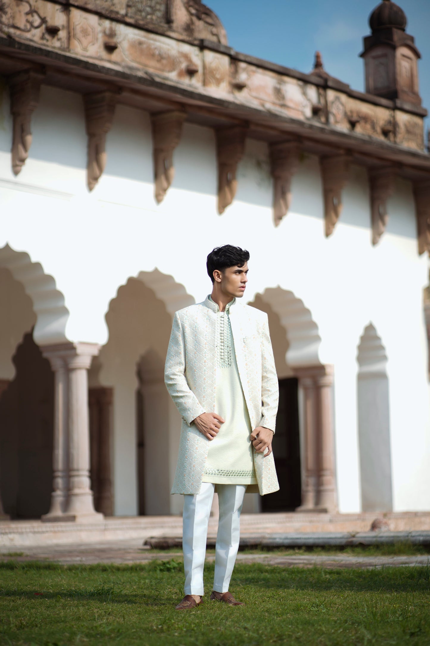 Light Green Jacquard Open Indo-Western with Sequin and Mirror Work, Paired with White-Green Pants