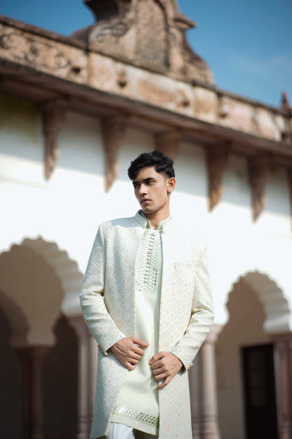 Light Green Jacquard Open Indo-Western with Sequin and Mirror Work, Paired with White-Green Pants