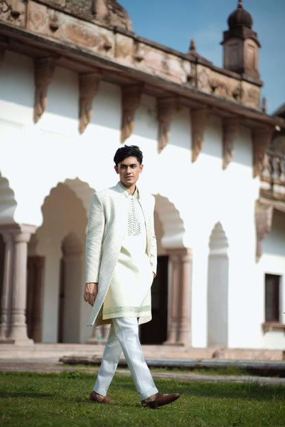 Light Green Jacquard Open Indo-Western with Sequin and Mirror Work, Paired with White-Green Pants