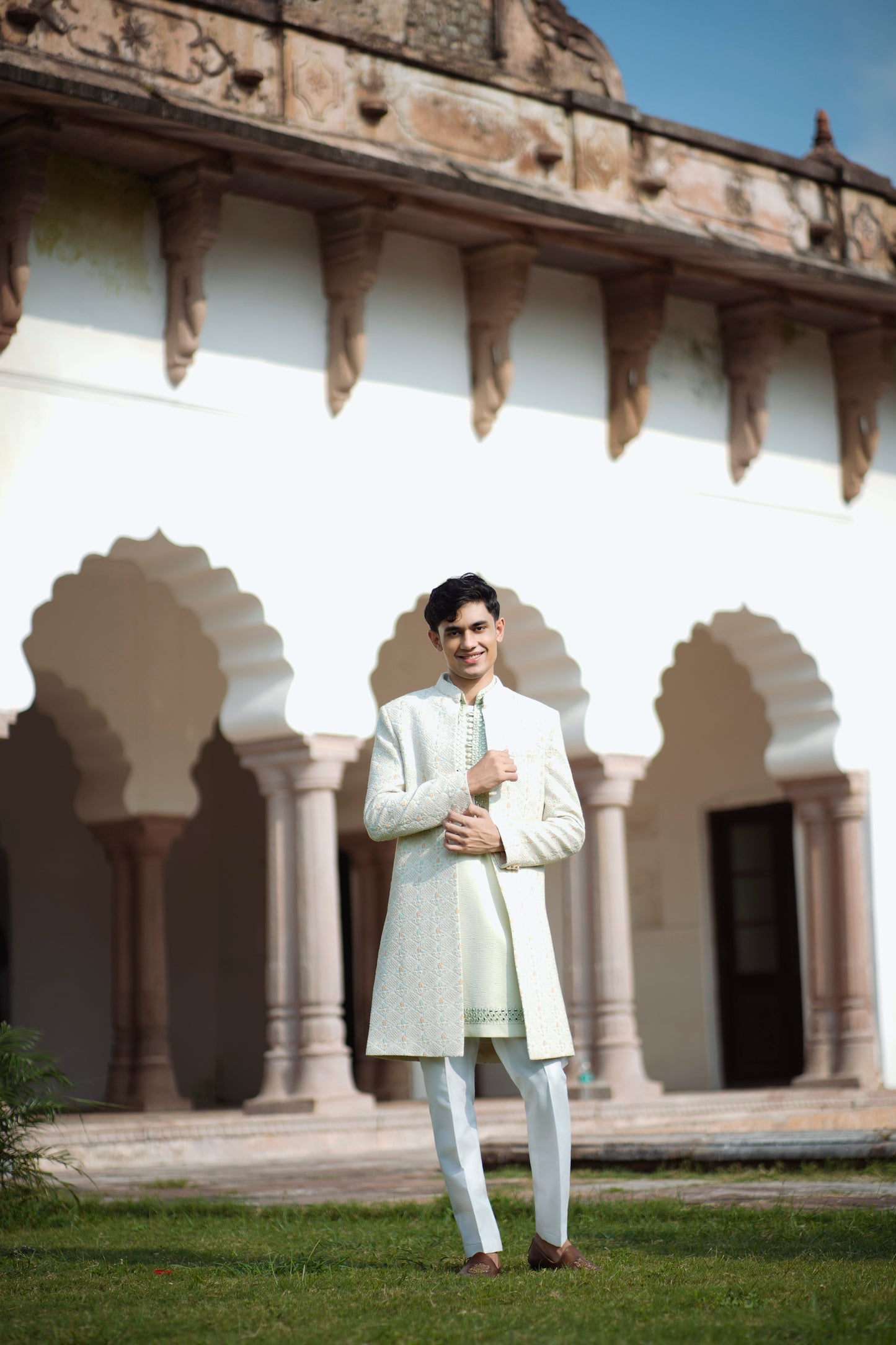 Light Green Jacquard Open Indo-Western with Sequin and Mirror Work, Paired with White-Green Pants