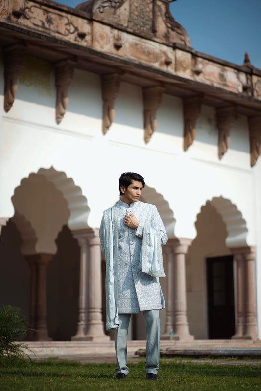 Light Grey Sherwani with Stone and Zardozi Handwork, Paired with Grey Kurta and Pajama