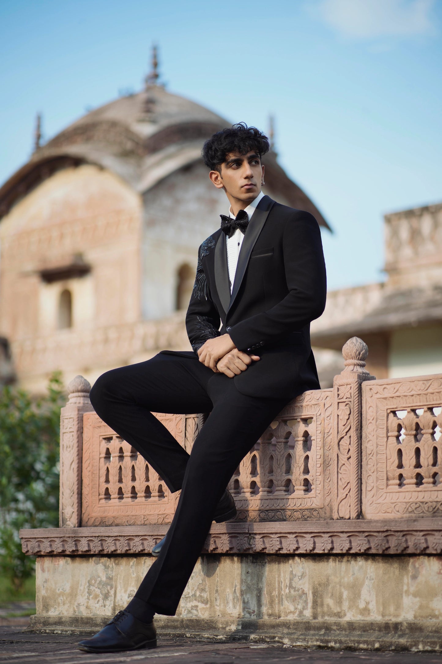Designer Lion Embroidered Tuxedo Featuring Cutdana Work, Paired with Black Bottoms